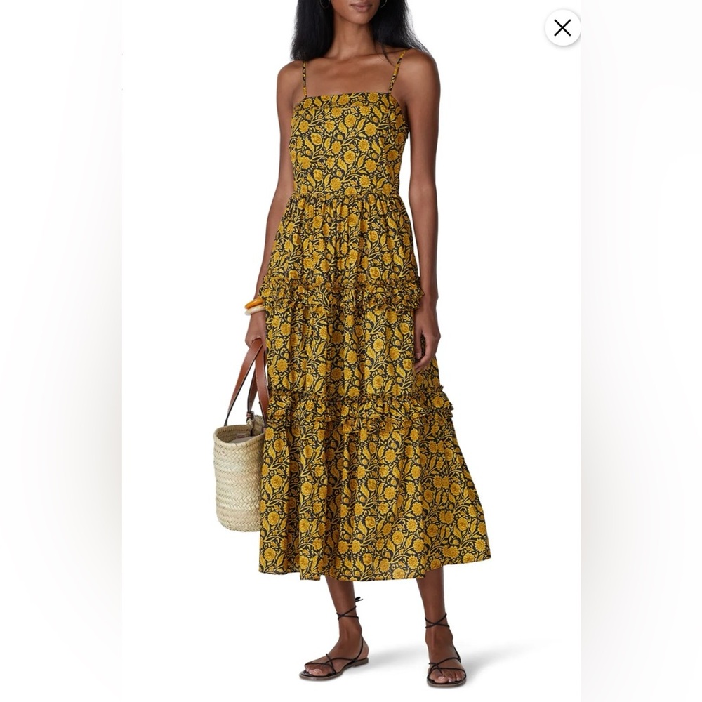 Nicholas Tiered Maxi Dress Black Mustard Floral Print Smocked Sz 4 Cotton